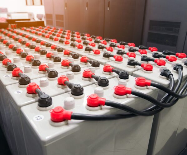 Battery pack in battery room in power plant for supply electricity in plant during shutdown phase, Rows of batteries in industrial backup power system.
